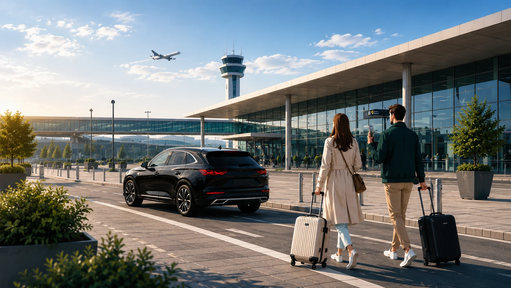 My VTC Go Privatchauffeur wartet vor einem Flughafenterminal auf Reisende