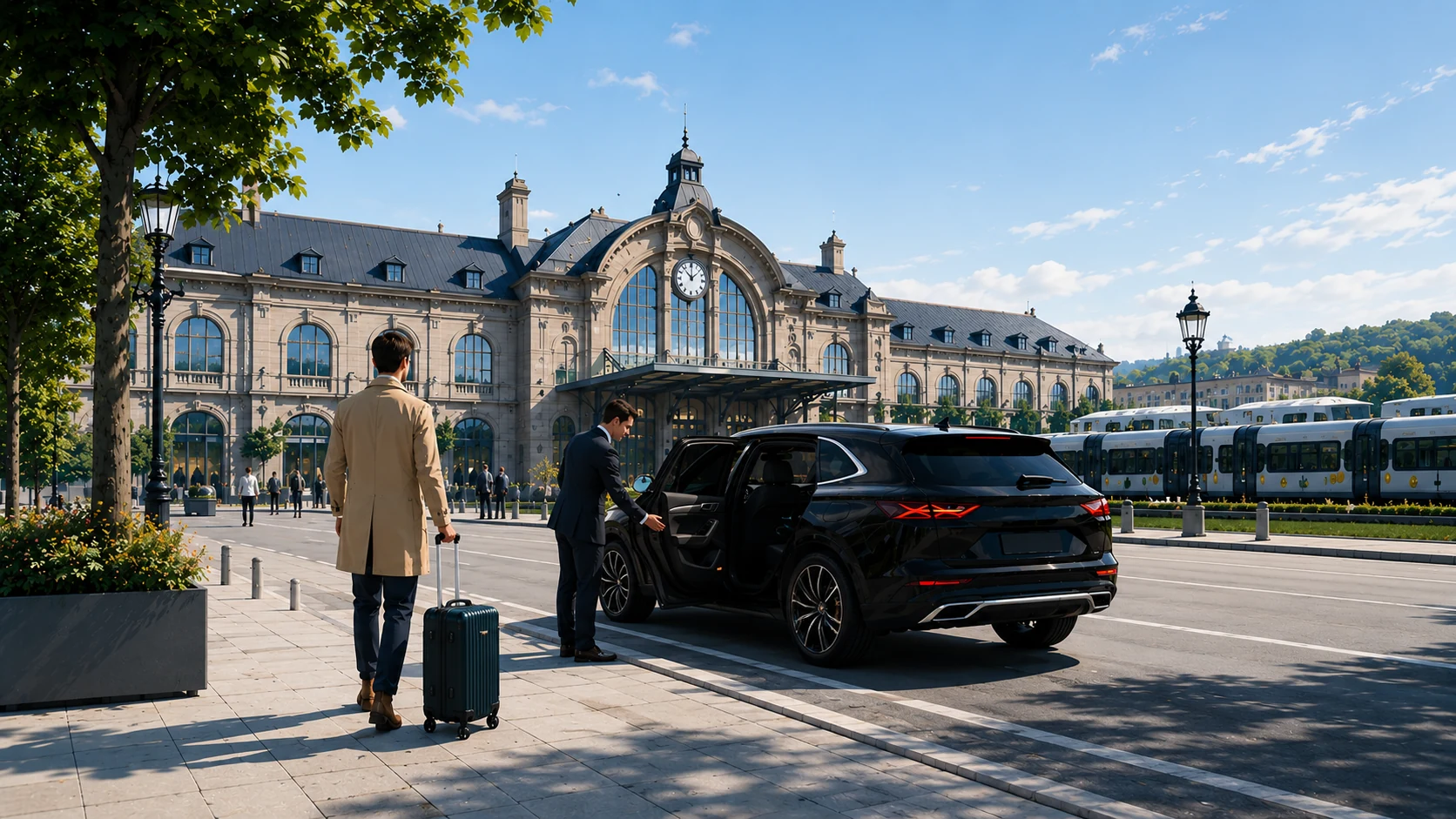 My VTC Go Privatchauffeur empfängt einen Reisenden vor einem Bahnhof